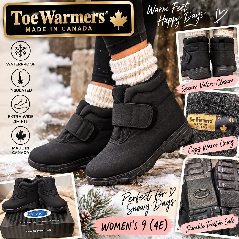 Toe Warmers Active Winter Boots Women 9 4E Black Waterproof Made Canada